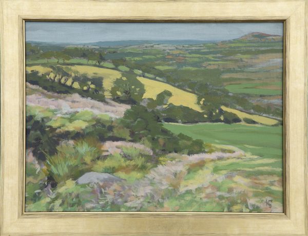 oil painting of Brynberian valley showing golden frame